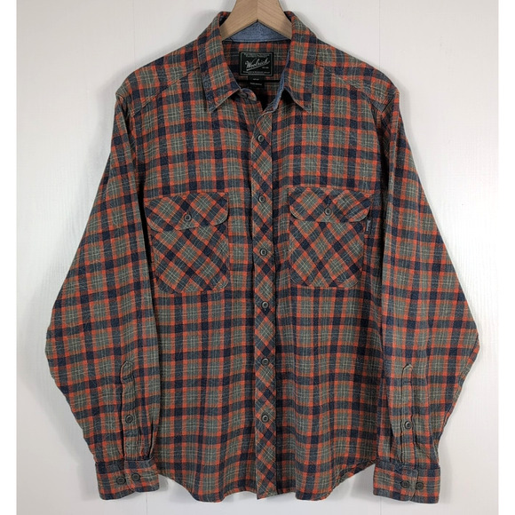 Woolrich Trout Run Mens M Flannel Shirt Plaid Orange Blue Long Sleeve Cotton - Picture 1 of 15
